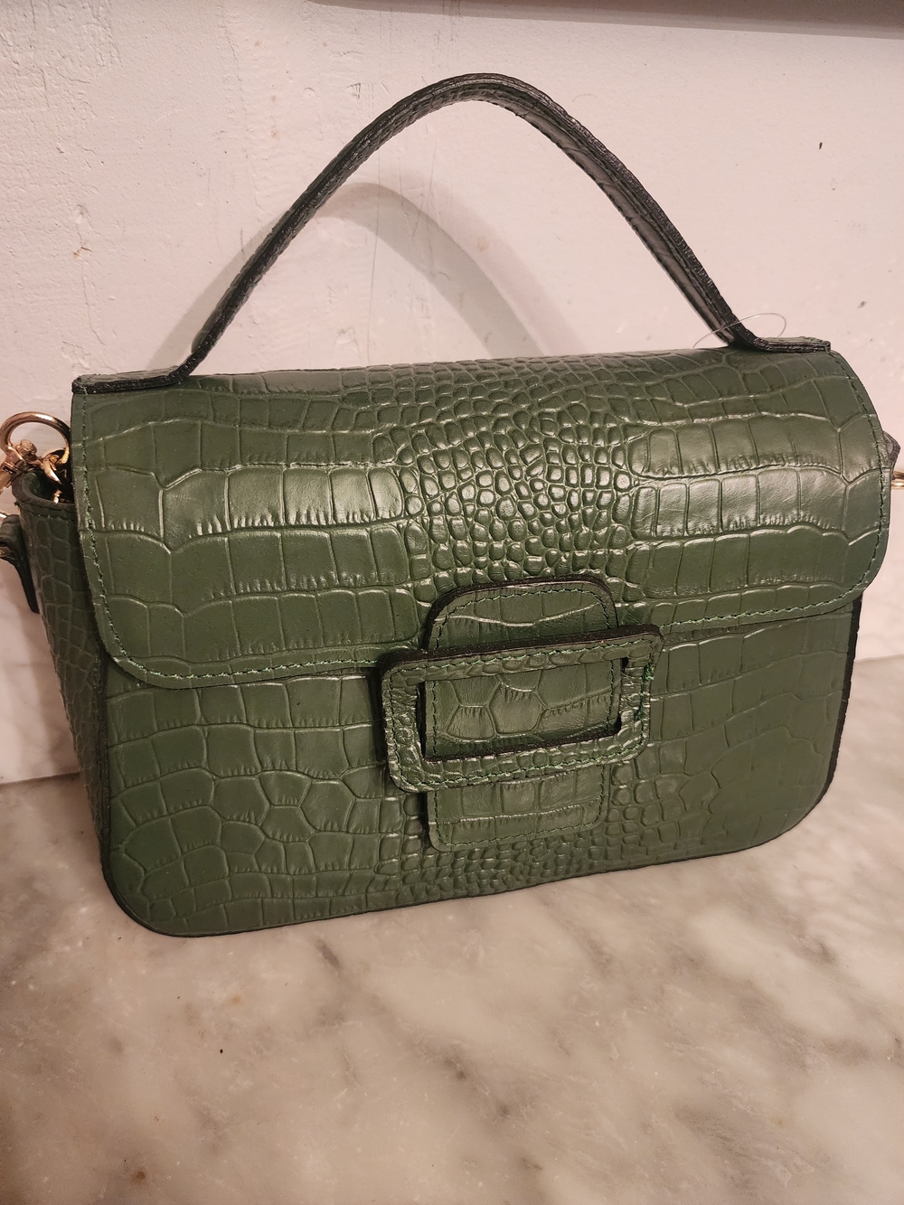Croc-Embossed Olive Green Top Handle Satchel